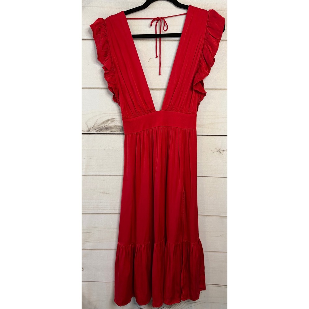 Stillwater‎ The Brand Red Deep V-Neck Ruffle Midi Dress XS Tiered Boho Festival
